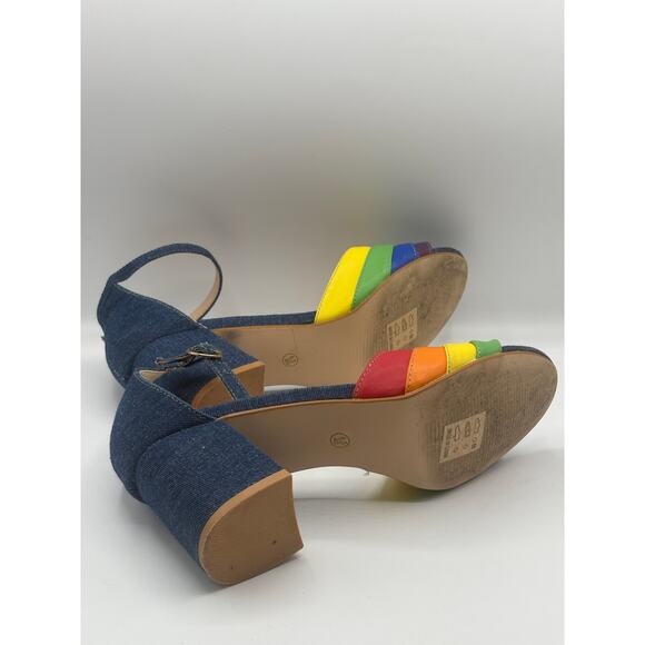 MODCLOTH Limitless Radiance Rainbow Denim Block Heel Ankle Strap Sandals Sz - Picture 7 of 8